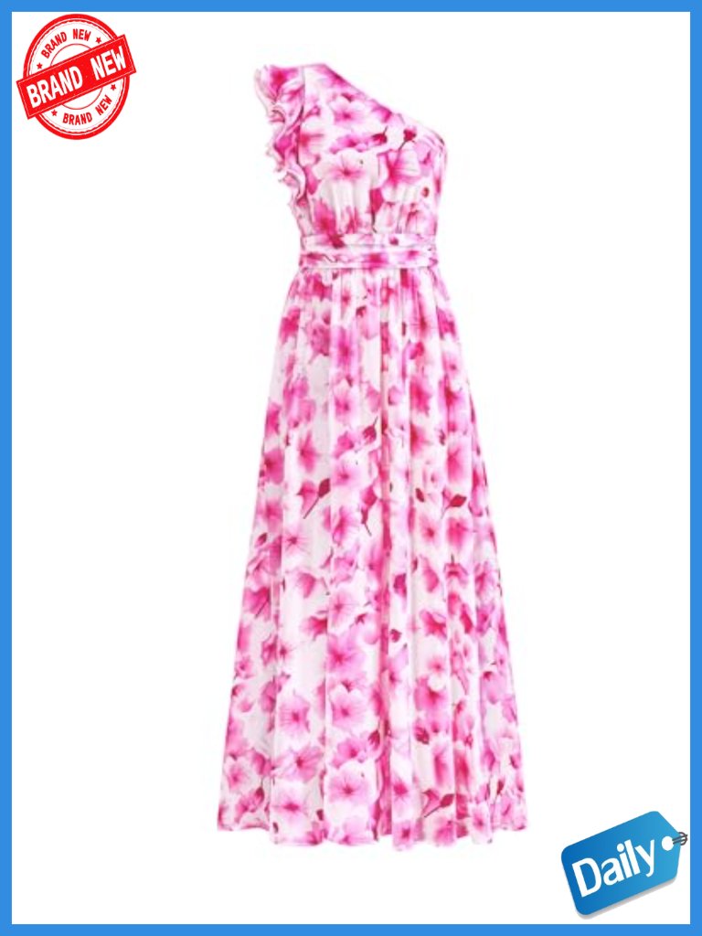 One Shoulder Floral Maxi Dress Sleeveless Smocked Ruffle Flowy Beach Vacation